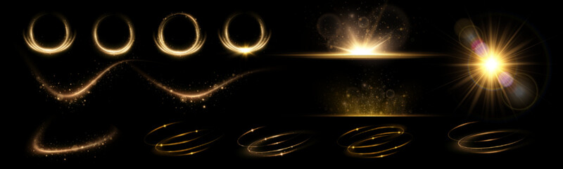 Obraz premium Sparkling swirl with a flash of glitter. Sparkling trace. Round frames, sun. Golden neon wavy swirl. Glowing spiral lines effect. Curved linear light. Rotating shining speed waves.