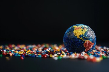A decorative globe with continents surrounded by small colorful pieces
