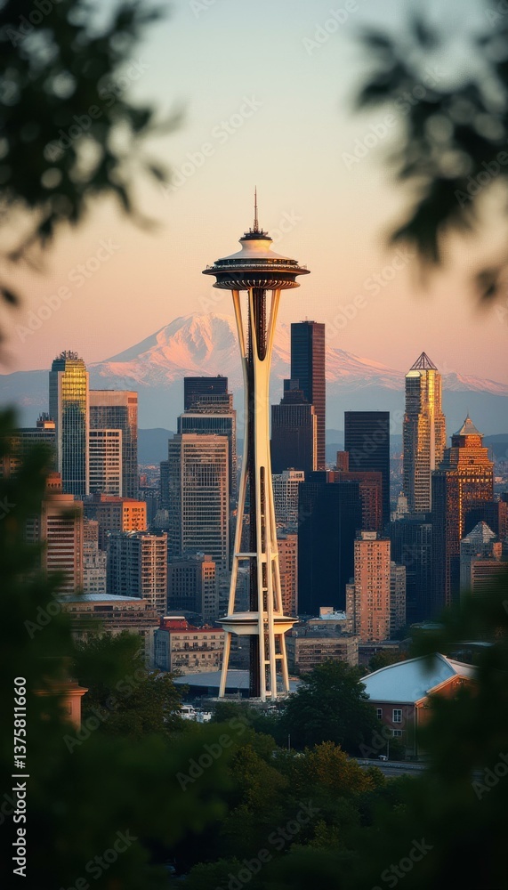 Poster sunrise skyscraper silhouette with landmark tower and distant mountain view framed by trees