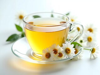 Glass Teacup with Bright Yellow Chamomile Tea on a White Saucer, Fresh and Inviting