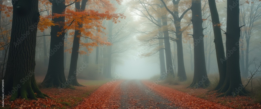 Aufkleber Serene autumn path through a misty forest with colorful foliage, creating a tranquil and scenic atmosphere