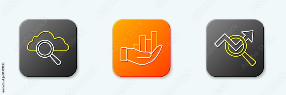Poster set line search cloud computing, pie chart infographic and data analysis icon. vector