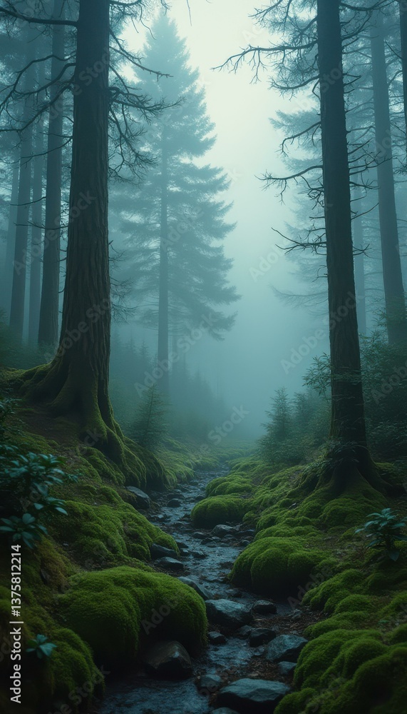 Aufkleber misty forest path with mossy rocks and towering trees - serene nature scene