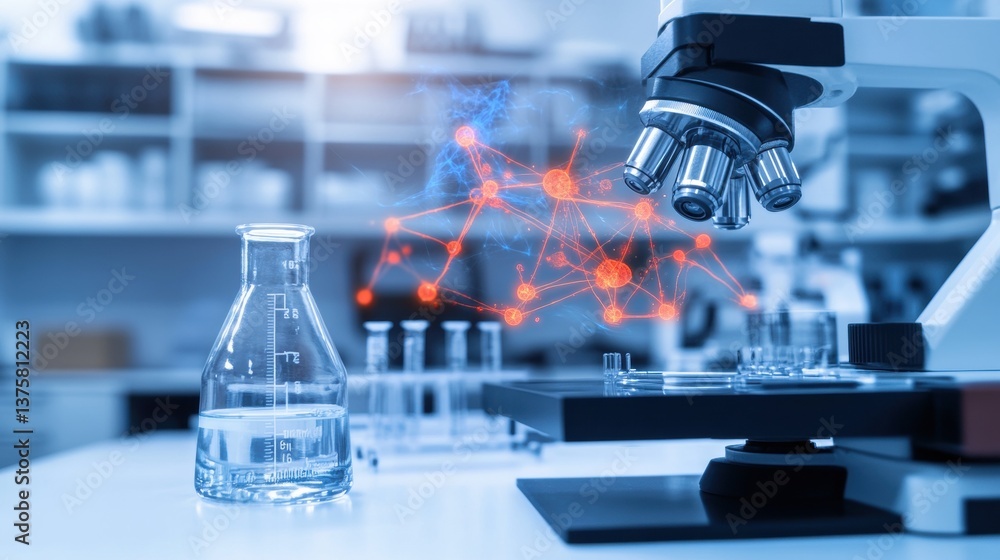 Poster laboratory microscope with scientific apparatus and data visualization