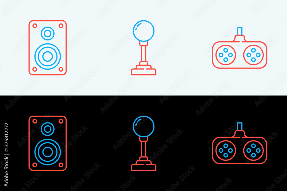 Poster set line gamepad, stereo speaker and joystick for arcade machine icon. vector