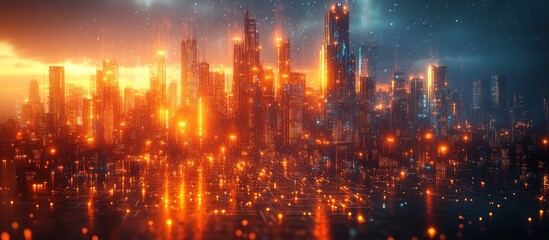 Fototapeta premium Futuristic Cityscape, Orange Glow, Night Sky