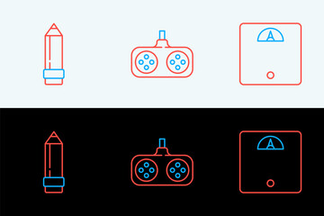 Set line Bathroom scales, Pencil with eraser and Gamepad icon. Vector