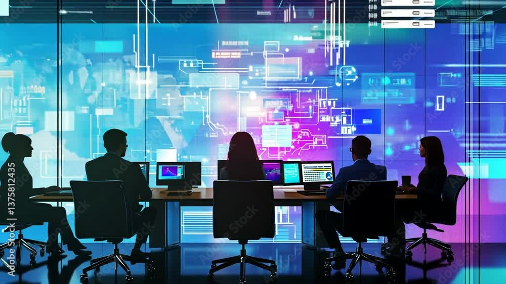 Poster corporate team analyzing data in futuristic office setting with digital displays