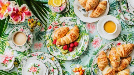 A gourmet breakfast spread with croissants, fresh fruit, and a hot cup of coffee