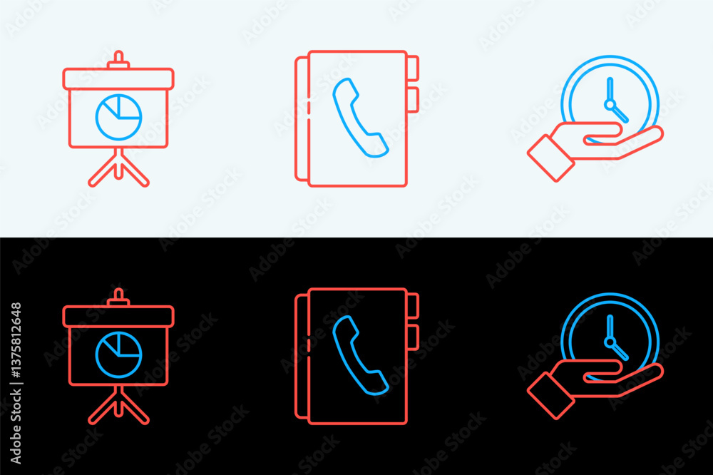 Poster set line clock, chalkboard with diagram and address book icon. vector