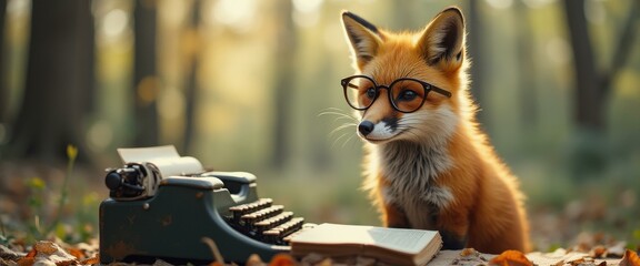 A cute fox wearing glasses sits at a typewriter with a notebook in a forest setting, bathed in warm sunlight