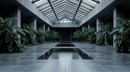 Futuristic indoor courtyard with symmetrical architecture, skylight ceiling, palm plants, and reflective tiled floor.
