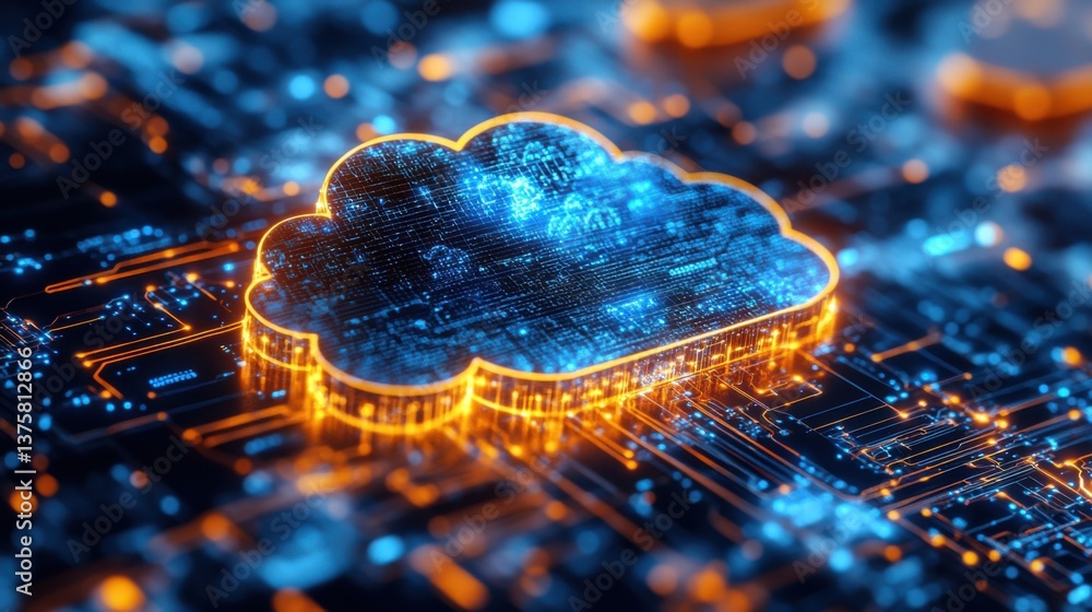 Poster a glowing cloud icon sits on a vibrant, technology-inspired background of circuit patterns and blue 