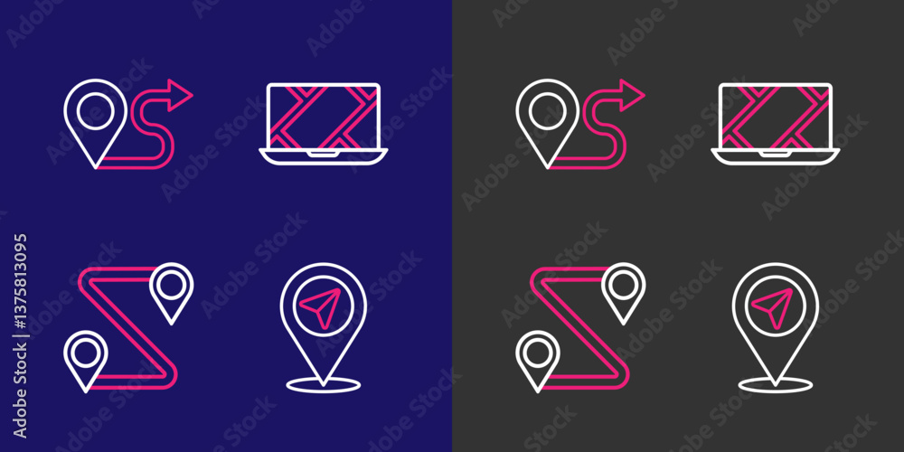 Poster set line location, route location, city map navigation and icon. vector