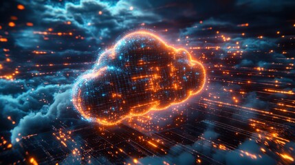 Obraz premium A vibrant digital cloud emits streams of light against a stormy sky, blending technology with nature in a futuristic display of energy and movement.