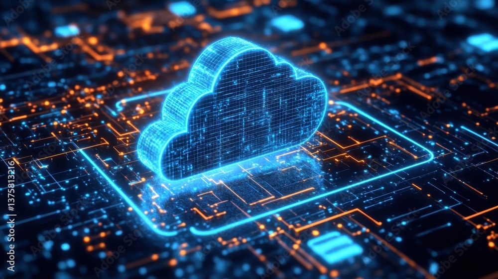 Poster a glowing blue cloud symbol on a digital circuit background, representing cloud computing and techno