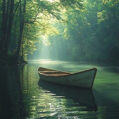 Peaceful scenery with boat and forest high resolution wallpaper