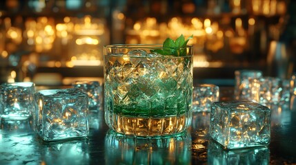 Detailed hyper-realistic depiction of a futuristic mint green cocktail with floating edible eye candy and crystal ice highlights in atmospheric lighting