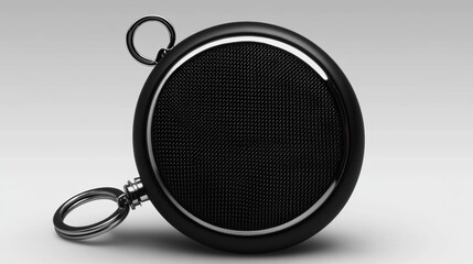 Fototapeta premium Black Round Speaker with Keychain Loop on Grey Background