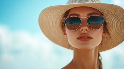 Fototapeta premium A beachwear outfit with a widebrimmed hat and oversized sunglasses