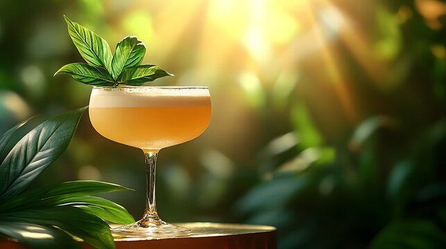 Intricate Celebration of World Cocktail Day Featuring a Creamy Coconut Cocktail in Translucent Glass with Fresh Green Leaves Against a Minimalist Bar Setting - Powered by Adobe