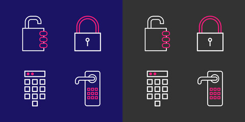 Set line Digital door lock, Password protection, Lock and Safe combination icon. Vector