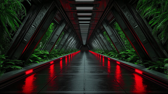 Futuristic corridor with red neon lights and lush green jungle plants outside glass walls, blending nature and sci-fi.