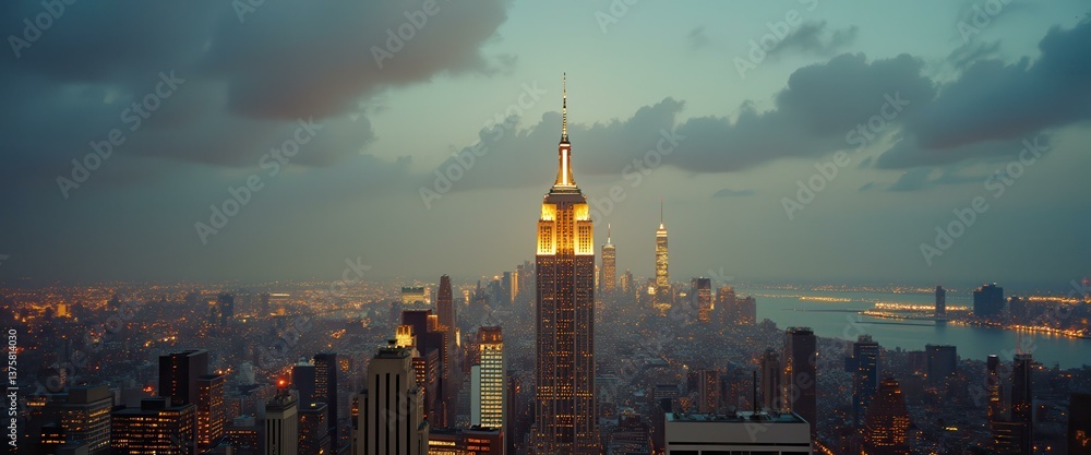 Poster skyline at twilight with illuminated skyscraper, creating dramatic urban landscape with warm light a