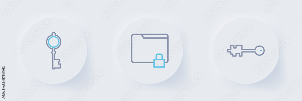 Poster set line old key, folder and lock and icon. vector