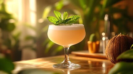 Intricate Celebration of World Cocktail Day Featuring a Creamy Coconut Cocktail in Translucent Glass with Fresh Green Leaves Against a Minimalist Bar Setting