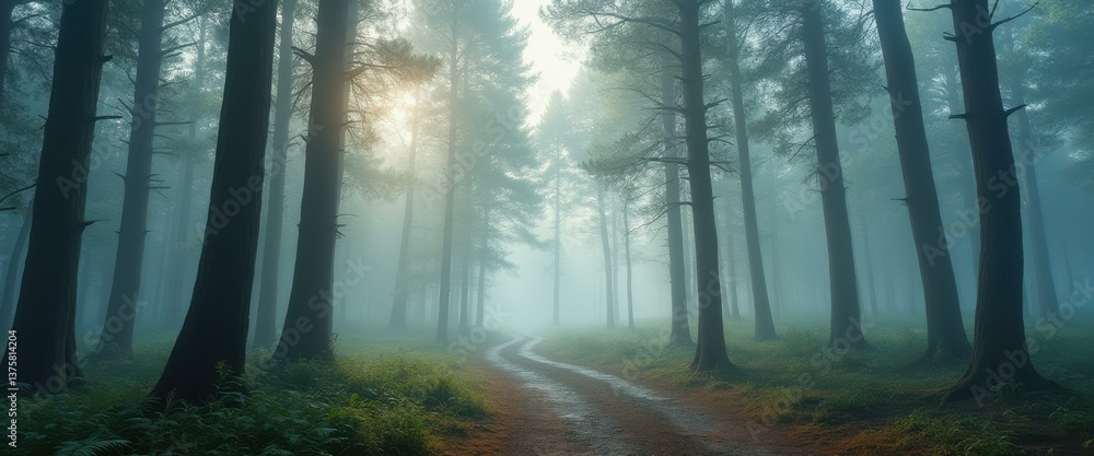 Aufkleber misty forest path: a serene journey through foggy woods with sunlight filtering through tall trees