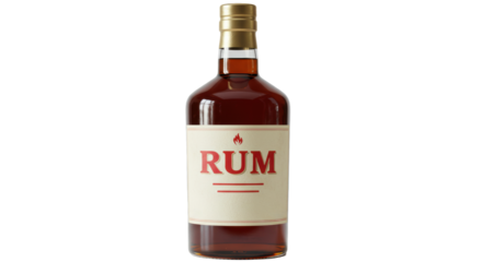 Isolated Bottle of Dark Rum with Label and Flame