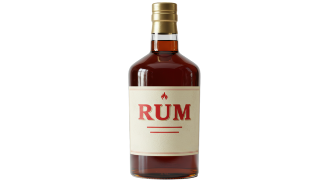 Isolated Bottle of Dark Rum with Label and Flame