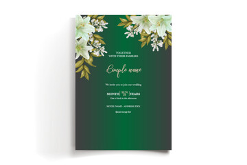 WEDDING INVITATION FRAME WITH FLOWER DECORATIONS AND FRESH LEAVES