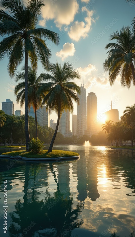 Poster tranquil lagoon with an islet of palm trees reflects a cityscape at golden hour