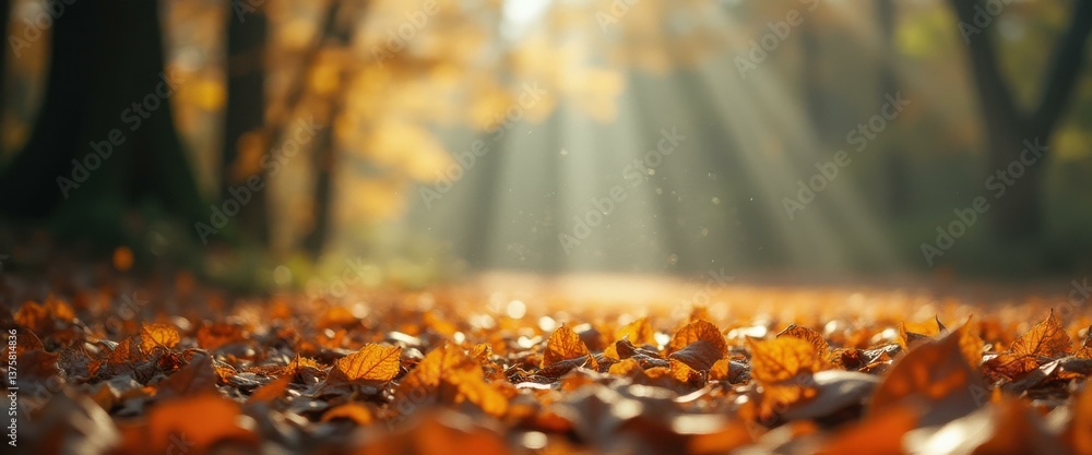 Poster Golden leaves carpet forest floor with ethereal light rays filtering through autumn trees.