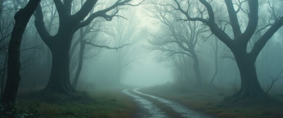 Foggy pathway winds through a dense forest with large, bare trees creating an eerie and atmospheric landscape