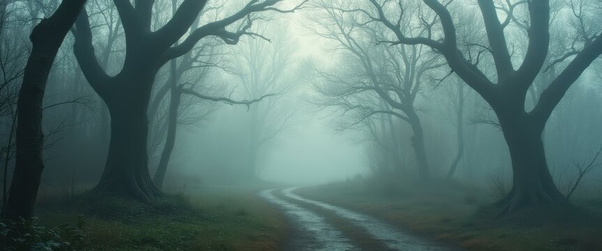 Foggy pathway winds through a dense forest with large, bare trees creating an eerie and atmospheric landscape - Powered by Adobe