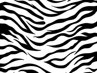 Hand drawn tiger skin pattern, Black and white background with waves, Monochrome animal print, Seamless illustration