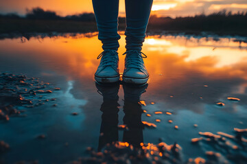A pair of boots reflected in a puddle during a fiery sunset, symbolizing adventure, simplicity, and the beauty of small moments in nature.