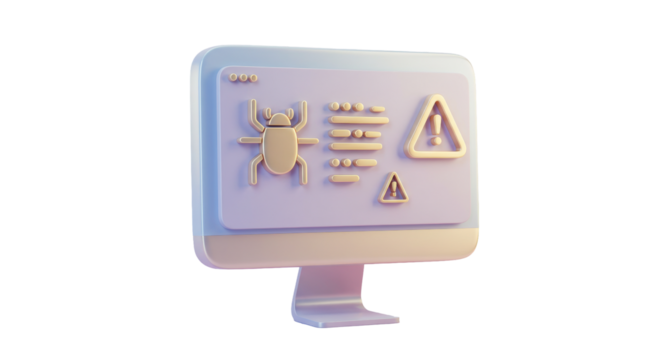Isolated Computer Screen Displaying Bug and Warning Signs