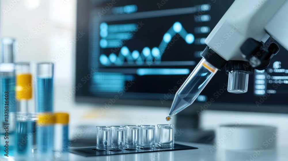 Poster laboratory research setup with microscopy and sample testing equipment