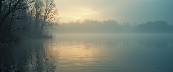 Obraz premium Ethereal lake scene with golden light reflecting on the water on a foggy morning, silhouettes of trees lining the shore