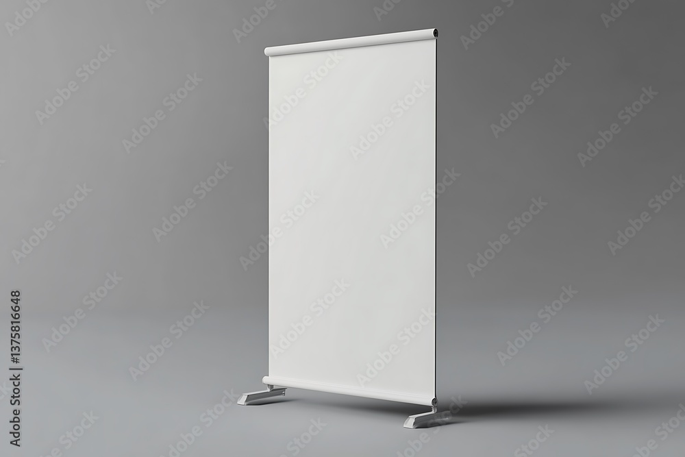 Poster roll up banner stand mockup with white display on a simple grey background