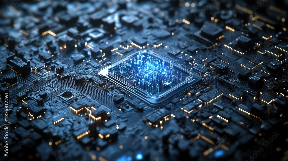 Poster a close-up view of a complex microchip with glowing elements, showcasing intricate circuitry and a f