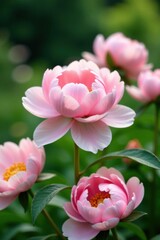 Fototapeta premium Pastel pink peonies in a garden with soft greenery, flowers, garden