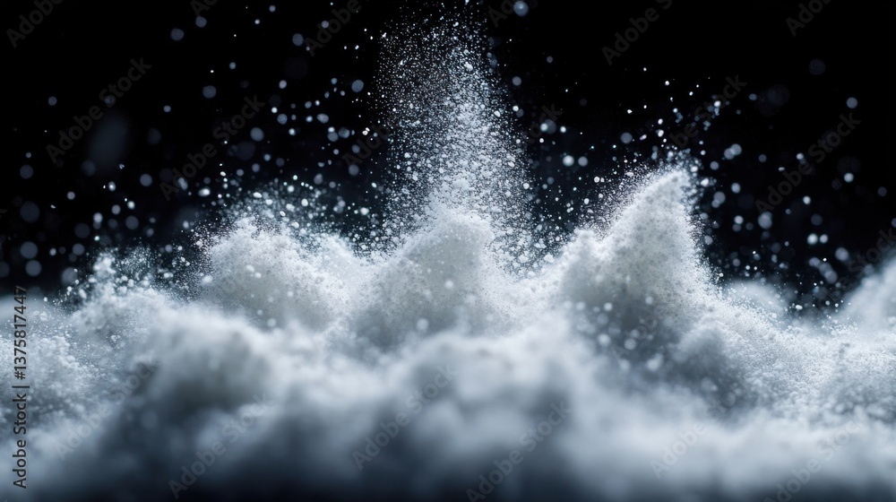 Poster a close-up image of water droplets creating a misty effect, resembling waves or frothy foam against 