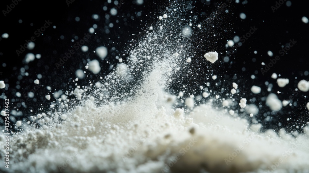 Poster a close-up image of fine powder dispersing in the air, creating a dramatic effect with particles sus