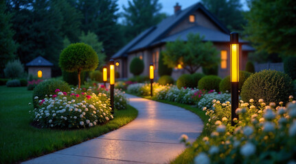 Scenic Twilight Garden with Lush Greenery and a Well-Lit Walkway Creating a Peaceful Ambiance for a Luxury Residence