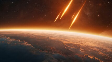 Celestial Inferno: Witness the awe-inspiring spectacle of meteors streaking across the cosmos towards Earth, with fiery trails illuminating the atmosphere.